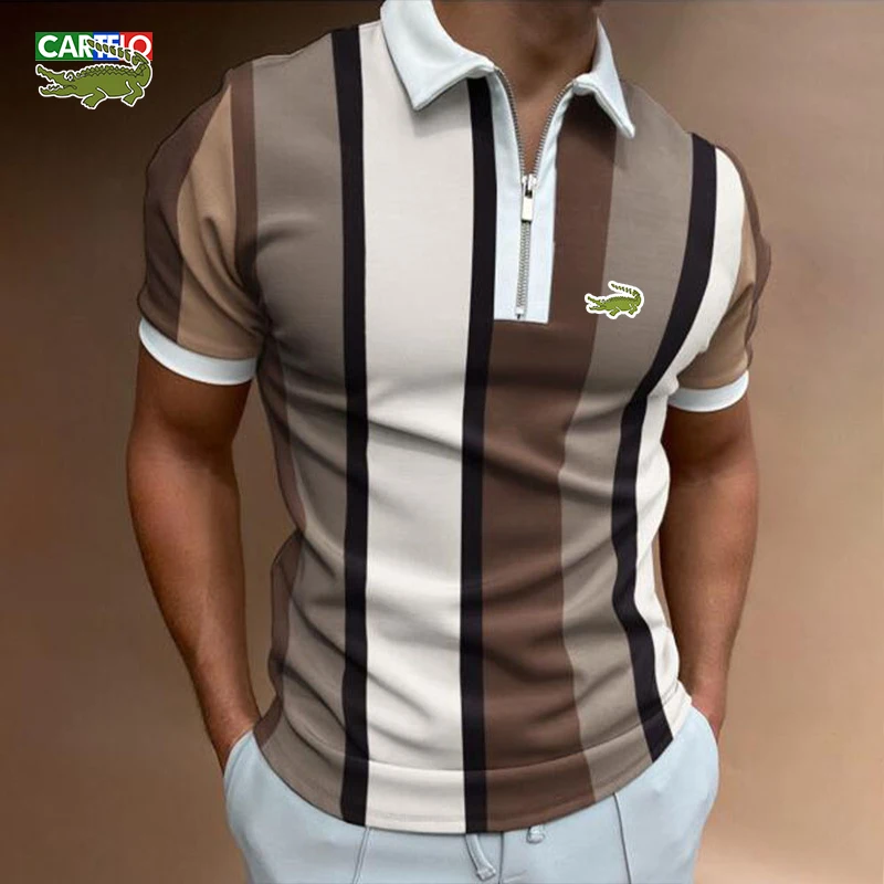 Купи New Cartelo brand POLO shirt spring men's casual short-sleeved POLO shirt lapel zipper digital printing striped lapel top за 373 рублей в магазине AliExpress