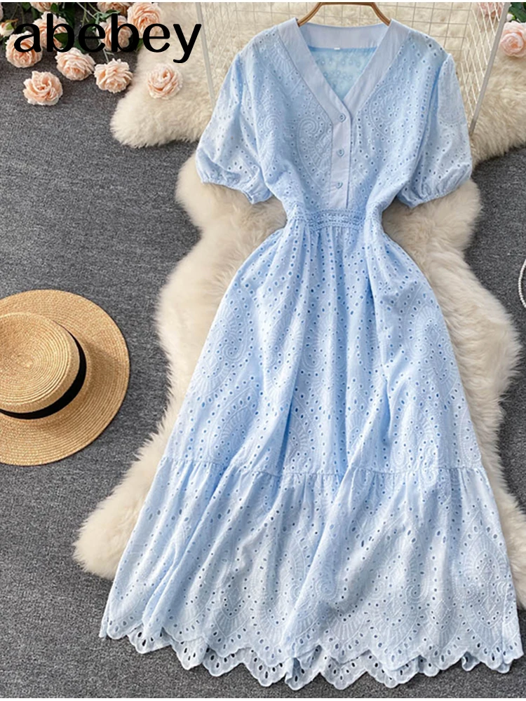 

White/Green 2022 New Women Elegant Embroidered Lace Dress White Female Dress Floral Hollow Out Loose Casual Party Vestidos