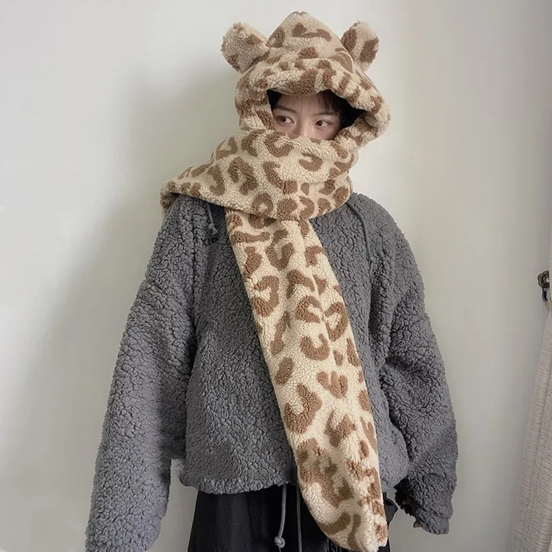 

2Pcs Plus Scarf Thick Beanie Hat Leopard Print Scarves Women Winter Mufflers Cashmere Blend Warm Hat Cap Outwear Gift Birthday