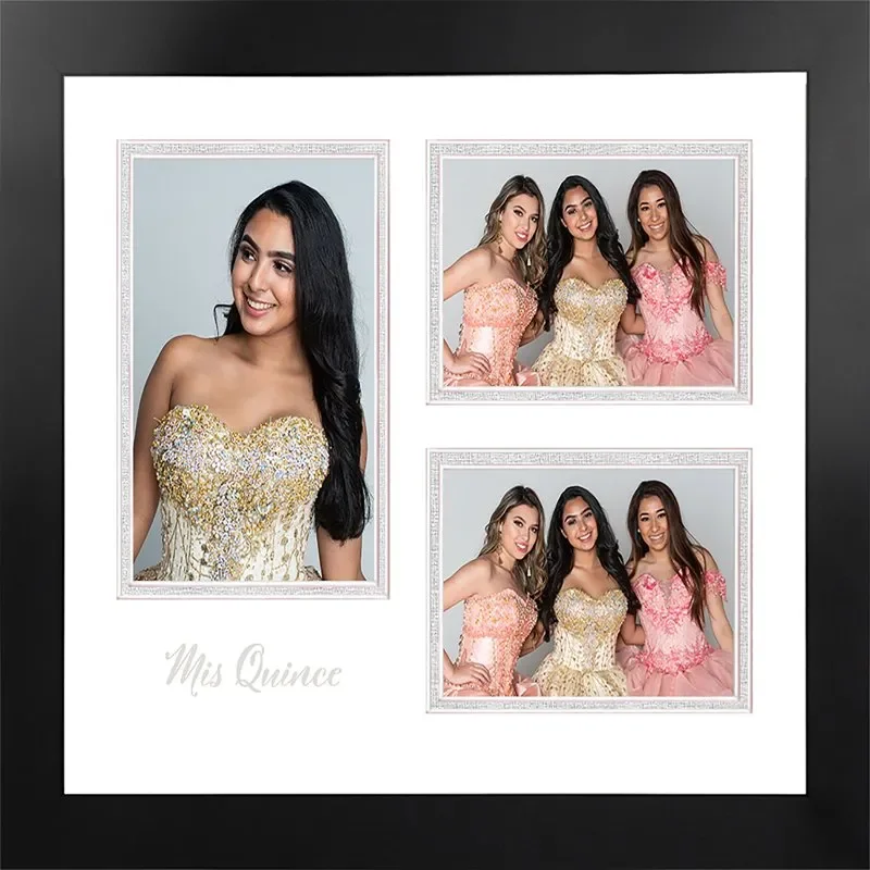 

Mis Quince Triple Opening Photo Frame White and Silver Mat - Silver Imprint
