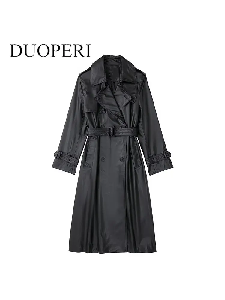 

DUOPERI Women Fashion PU Double Breasted Trench Coat With Belt Vintage Long Sleeves Notched Neck Windbreaker Female Outfits
