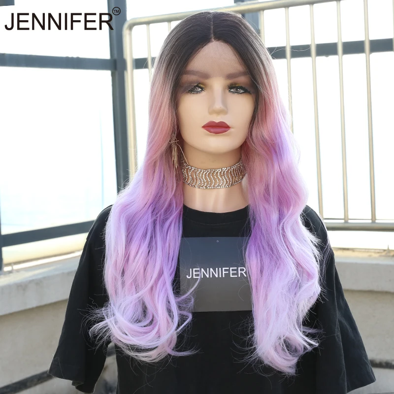 

Синтетические парики среднего размера для женщин, длинные волнистые волосы со шнуровкой средней части, пурпурный/блонд, 2 цвета, высокотемп...