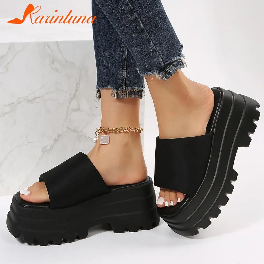 

KarinLuna Dropship 2023 Summer Brand New Women Single Band Platform Sandals Black Nylon Chunky Platform Wedges Slipper Sandals