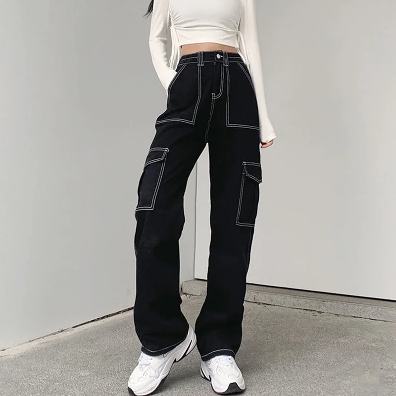 

Harajuku Pockets Patchwork Baggy Jeans Women 2023 Autumn Black Wide Leg Denim Trousers Woman Streetwear Loose Cargo Pants