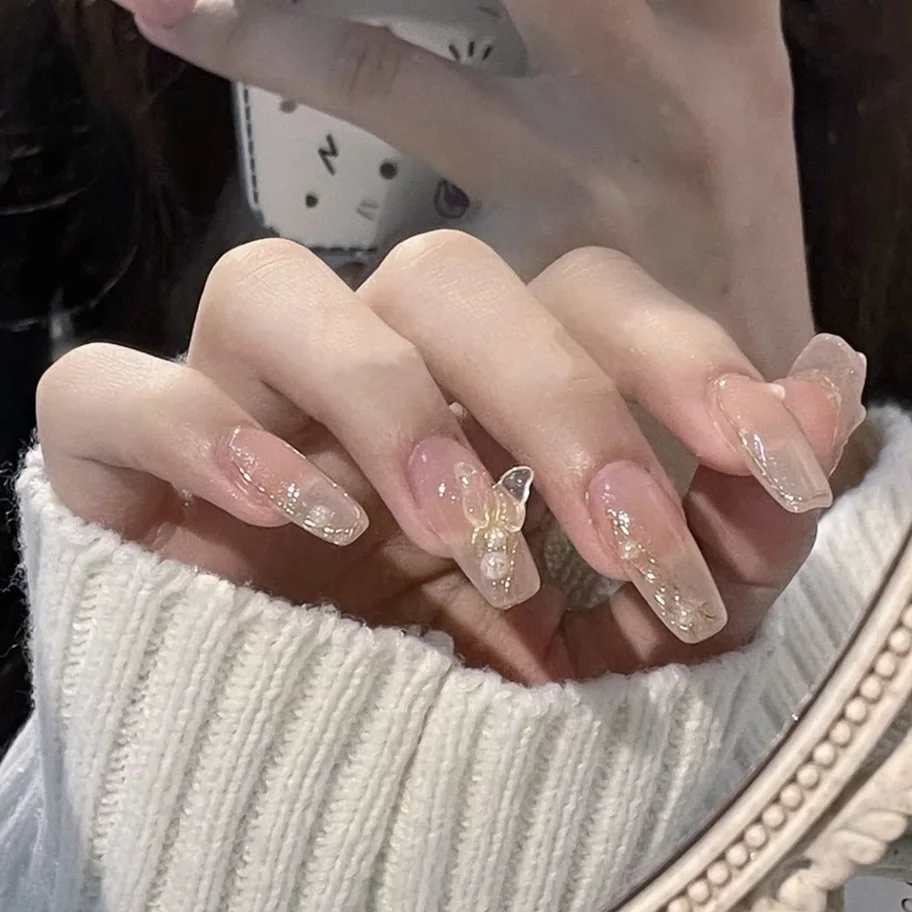 

24pc Butterfly decorated false nails with glue nails set press on false nails with designs Long Paragraph Fashion stick on nails