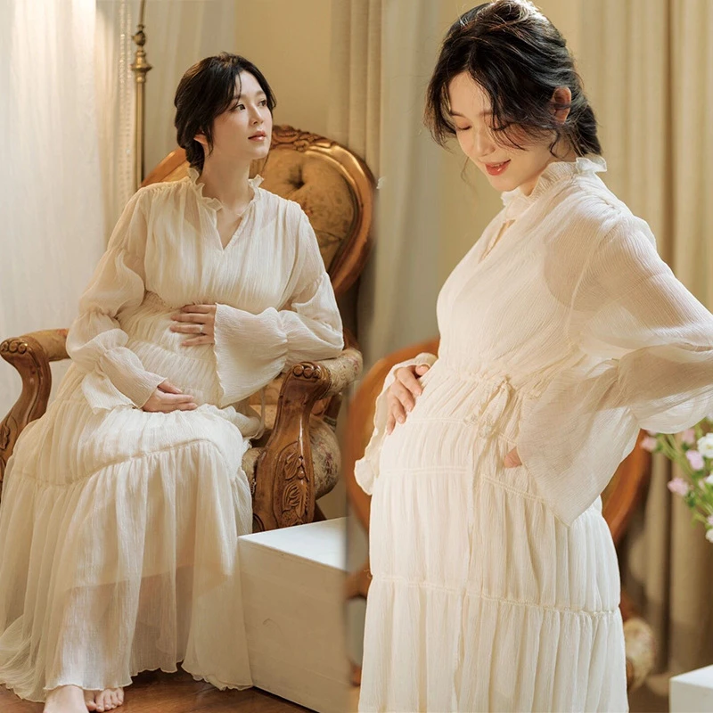 Dvotinst Women Photography Props Maternity Dresses White Elegant Perspective Pregnancy Pregant Dress Studio Shoots Photo Clothes