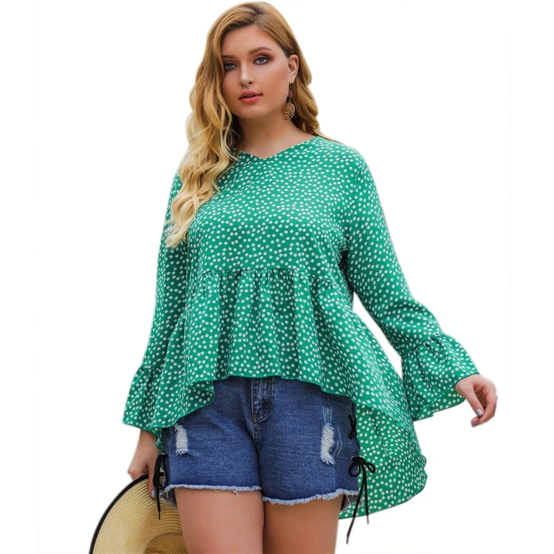 

Women's Polka Dots Print T-shirt Plus Size Tee Shirt Loose Ruffle Hem Blouse Top