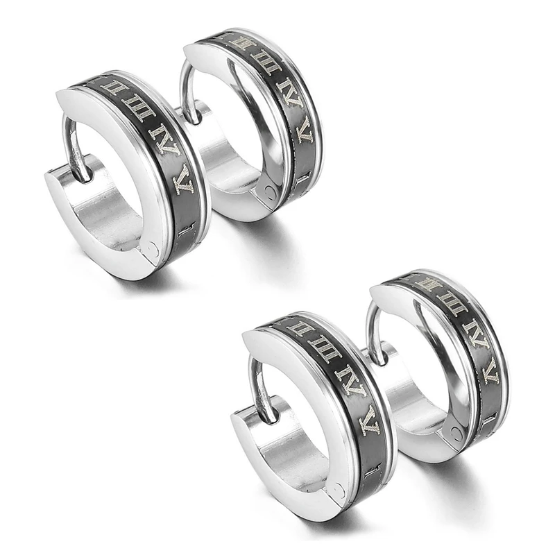 

ABHU 4X Stainless Steel Stud Plugs Hoop Earrings Ear Studs Black Silver Color Roman Numerals Classic Polished Men, Women