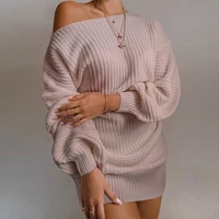 knitted dress womens solid color long sleeved loose casual street style autumn and winter dress off the shoulder one neck dress