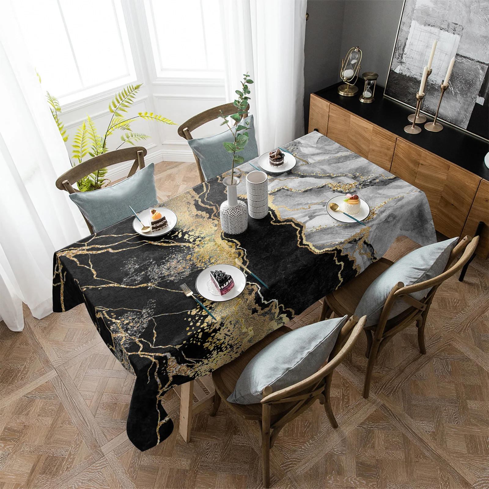 

Abstract Black Marble Tablecloth Rectangular Holiday Table Cover Party Dinner Decor Waterproof Table Cloth