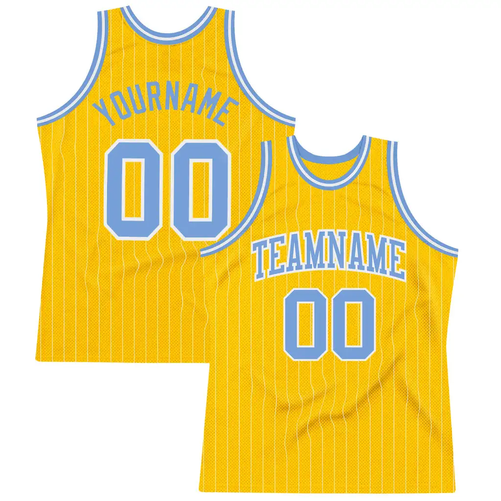 

Custom Gold White Pinstripe Light Blue Authentic Design Basketball Shirt