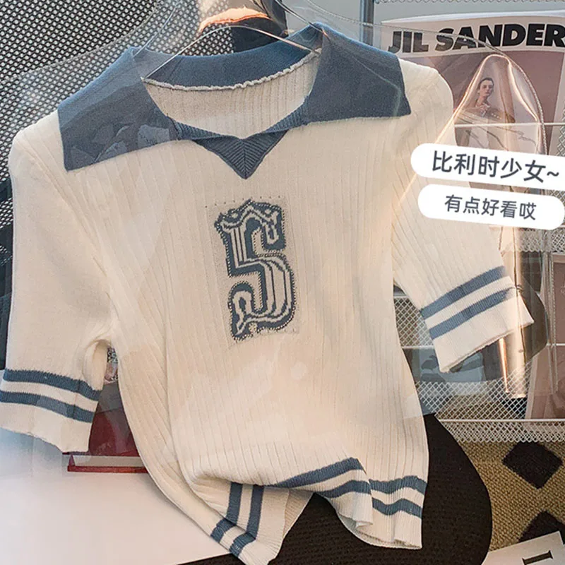 

2022 Summer Woman's Short Tops Cold Sick Knitting Tees Young Cute Casual Blouses Beading Thin Shirts