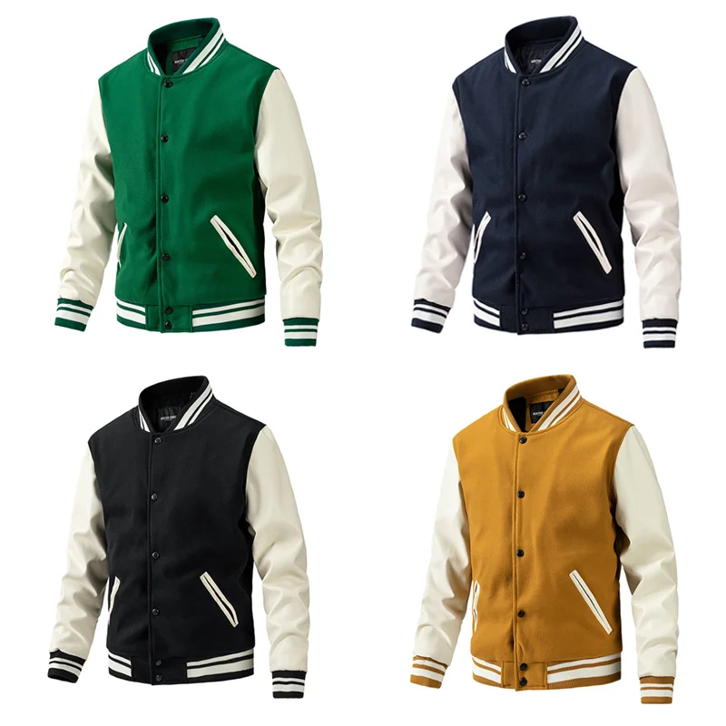 High Level Men Women Leather Sleeve College Baseball Jacket Letterman Wool Varsity Coat Green Yellow Navy Blue Black