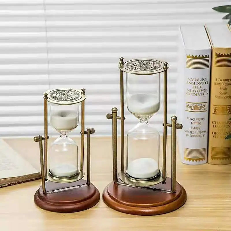 

European Retro Metal Hourglass Sand Watch Clock Timer 15/30 Minutes Wooden Frame Rotating Timer Office Bookshelf Study Ornaments