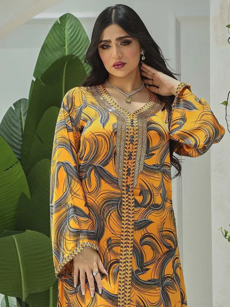 Beaded Abaya Arabic Long Dress Women Printed Muslim Party Evening Dresses Gulf Jalabiya Moroccan Kaftan Dubai Ramadan Abaya