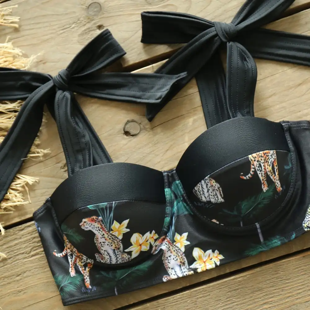 Комплект бикини с высокой талией цветочным принтом и кружевной полоской женские