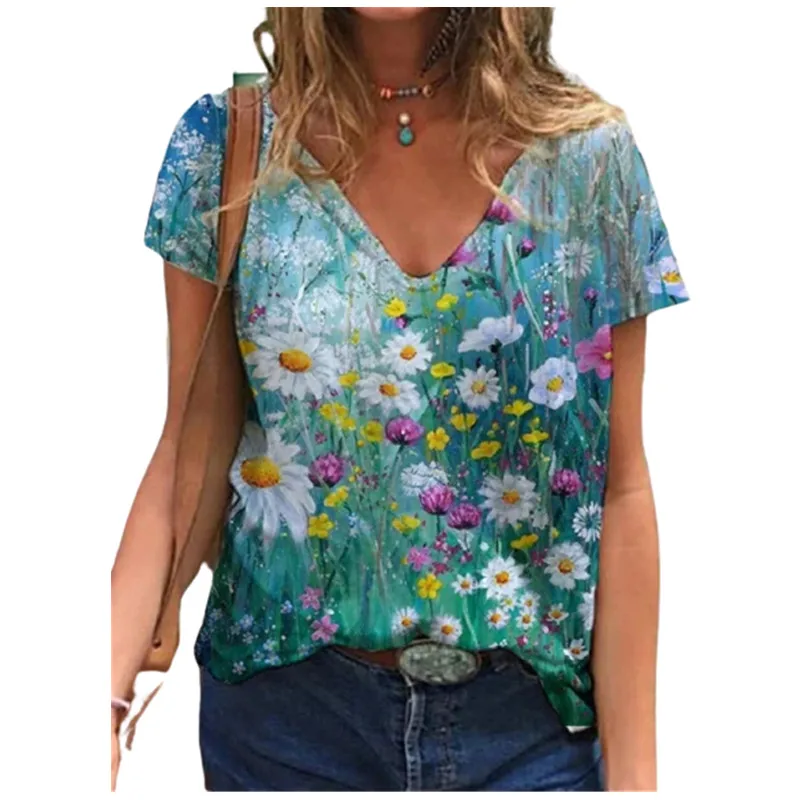 

5XL Casual Summer T Shirt Women 2021 New Short Sleeve V-Neck Loose Oversized Tops Streetwear Ladies Floral Printed Tee Clothes