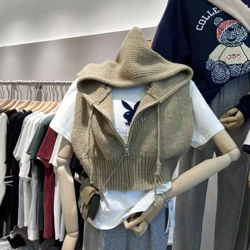 

Sweater Vest Women Hooded Elegant Retro Basic All-match Sexy Sweet Casual Fashion Autumn Spring Vest