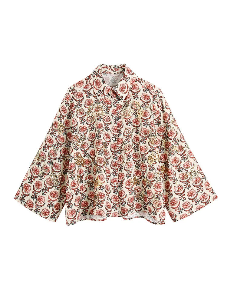 

Shirts For Women 2022 Fashion Sequined Embroidery Vintage Floral Print Shirt Long Sleeve Top Button Up Loose Blouses Shirts Tops
