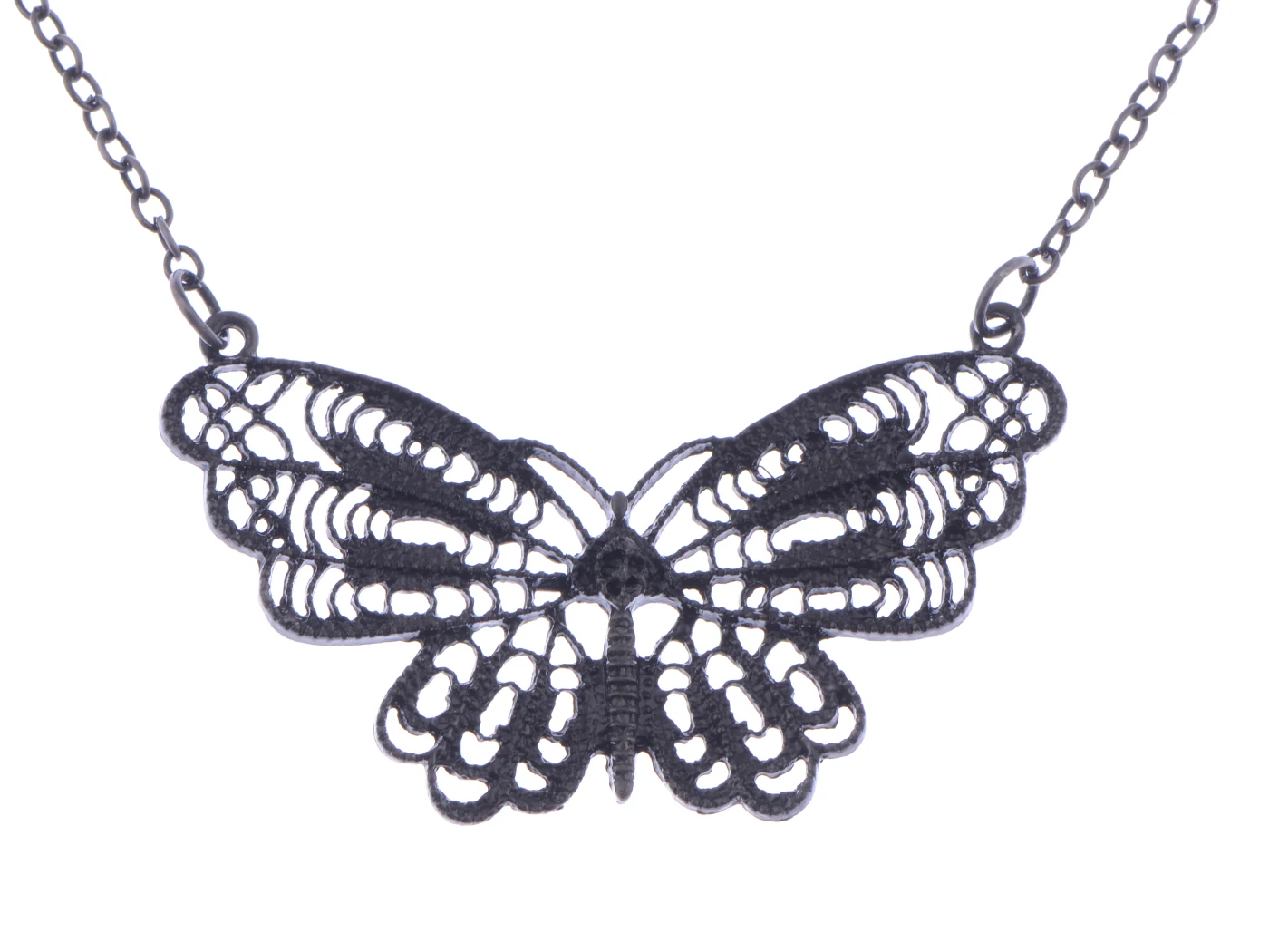 

Antique Silver Toned Metallic Filigree Butterfly Insect Pendant Art Deco Costume Necklace