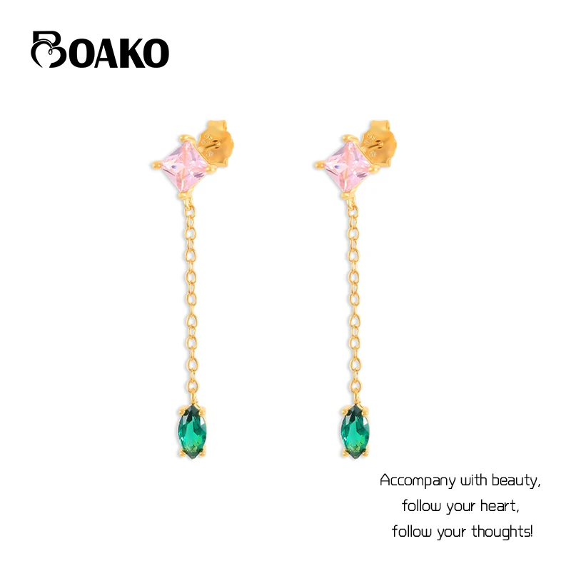 

BOAKO S925 Sterling Silver Pink Green Zircon Water Droplets Stud Earring for Woman Piercing Earring Brinco Femme Jewelry Gifts