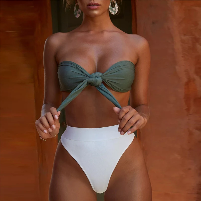 New Sexy Bikini Europe And The United States Knotted High Waist Solid Color Swimsuit With Chest Pad Gathering Split Swimsuit