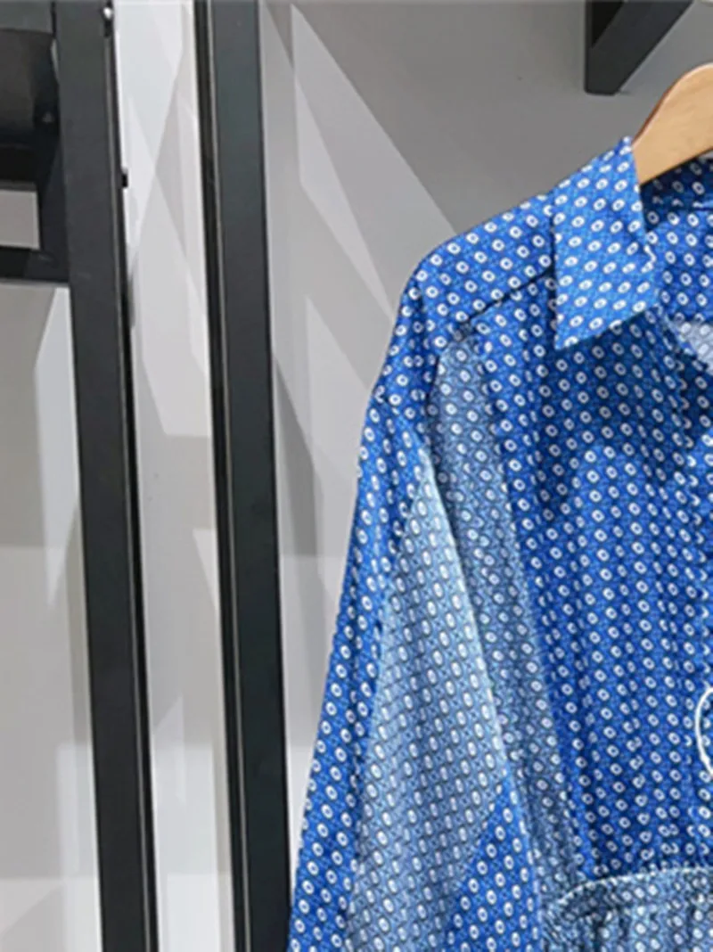 

2023 New Women Blue Polka Dot Print Ruffle Short Robe Turn-Down Collar Single-Breasted Ladies Lantern Sleeve Mini Dress