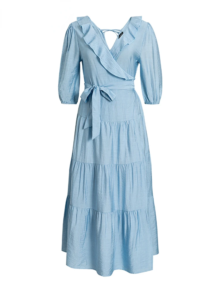 

New in 2022 Holiday ruffle lace up v-neck women summer dress blue Elegant puff half sleeve maxi sundress Causal mujer vestidos