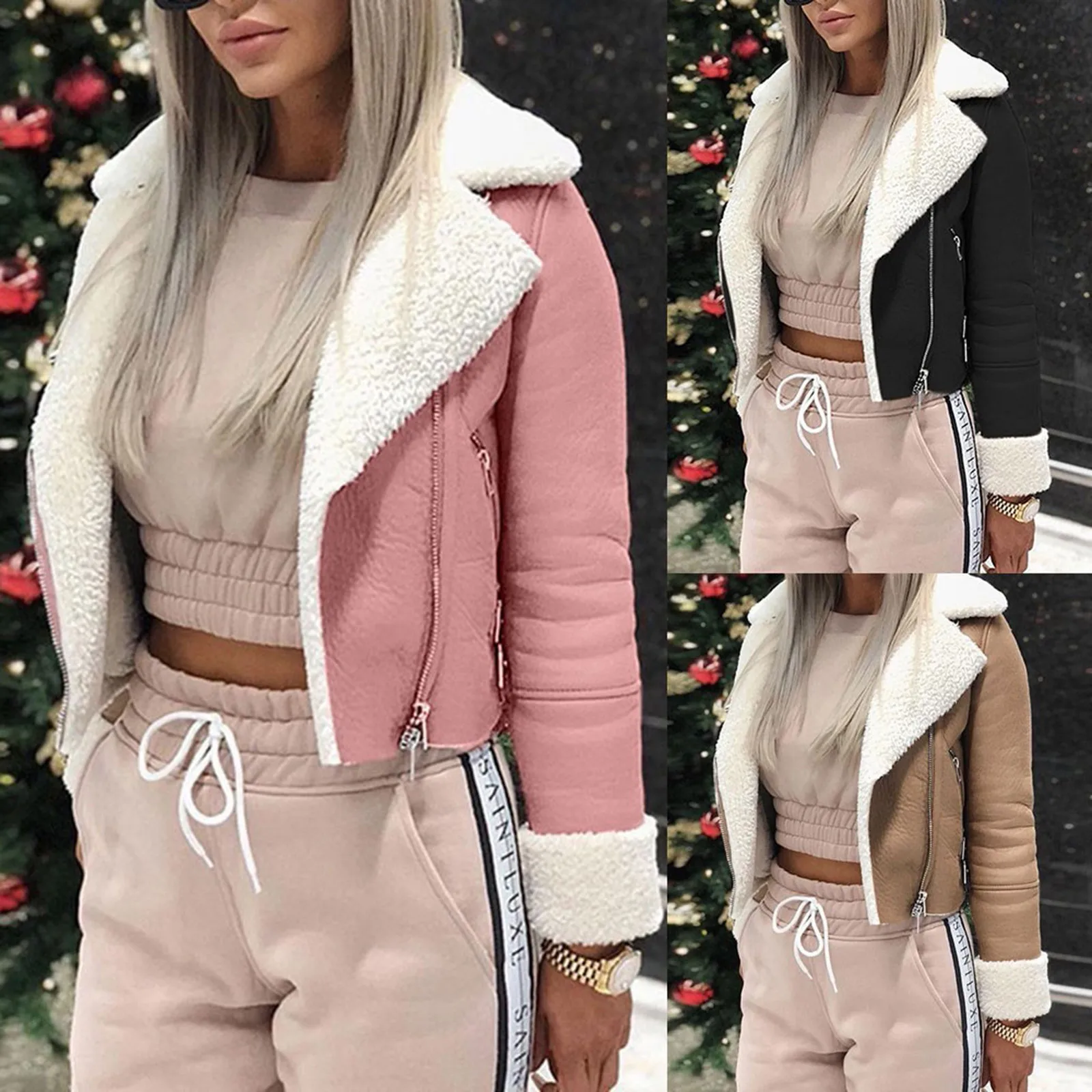 

Женская флисовая куртка с капюшоном, однотонная куртка с лацканами и пряжкой из искусственной овечьей шерсти, мотоциклетная куртка на молн...