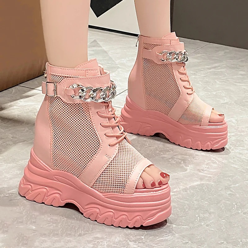 

Модные Розовые босоножки на высокой танкетке; Женские нескользящие сандалии на массивной платформе; Женская летняя обувь на толстой подошв...