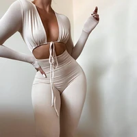 womens clothing 2022 new summer fashion v neck lace up hollow out long sleeve slim fit jumpsuit womens wholesale