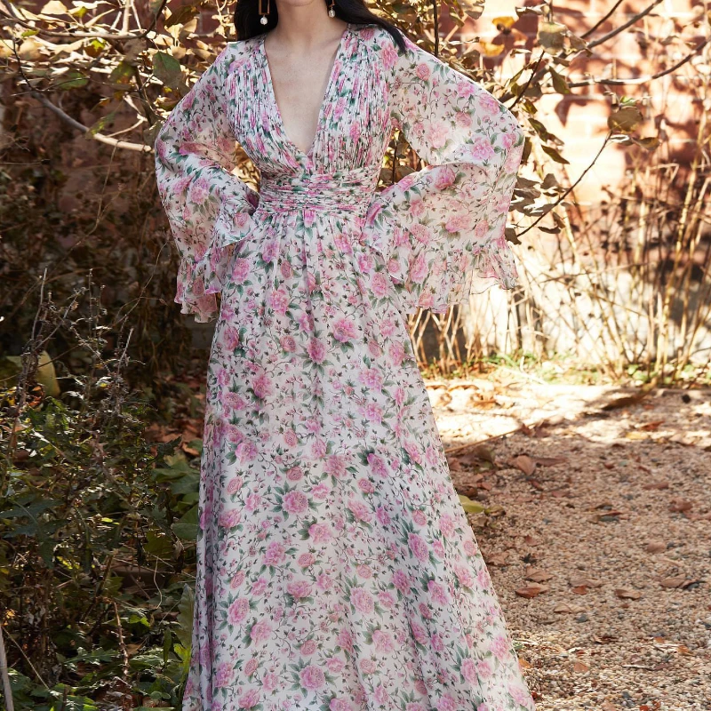 New Autumn Pink Floral Printed Long Dresses for Women 2022 Elegant V-neck Long Sleeve Pleated Maxi Dress Robe Longue Femme été