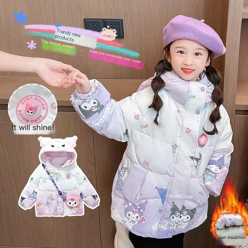 

Sanrio Kawaii Anime Kuromi Winter New Bright Light Down Jacket Cute Cartoon White Duck Down Fleece Lined Walk In Coat Toys Kids