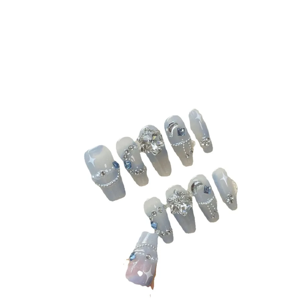 

10pcs/box Pure Manual Snow Diamond Handmade Nails with Tool Box Full Cover Crystal Haze Blue False Nail XS S M L Press on Nails