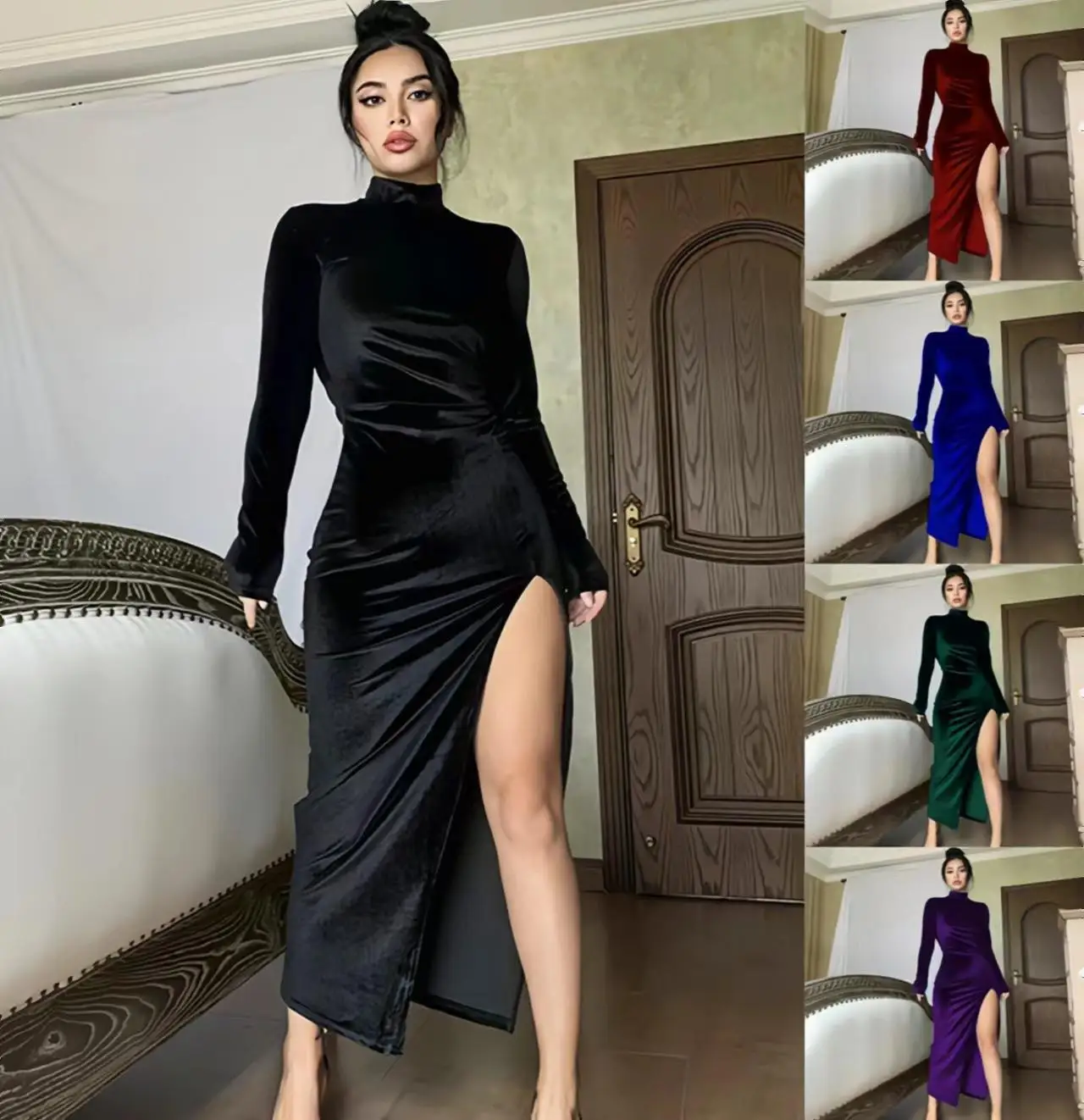 

Spring New 2023 Women Dress Solid Velvet Long Sleeve Turtleneck Party Dress Side Slit Bodycon Sexy Streetwear Elegant Dresses