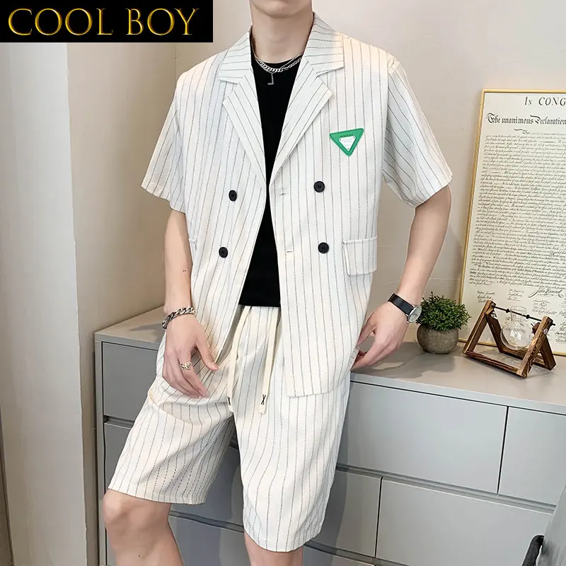J GIRLS New Summer Fashion Men's Short Suit Sets Matching Jacket and Shorts Double Breasted Solid Striped Korean Style  Man