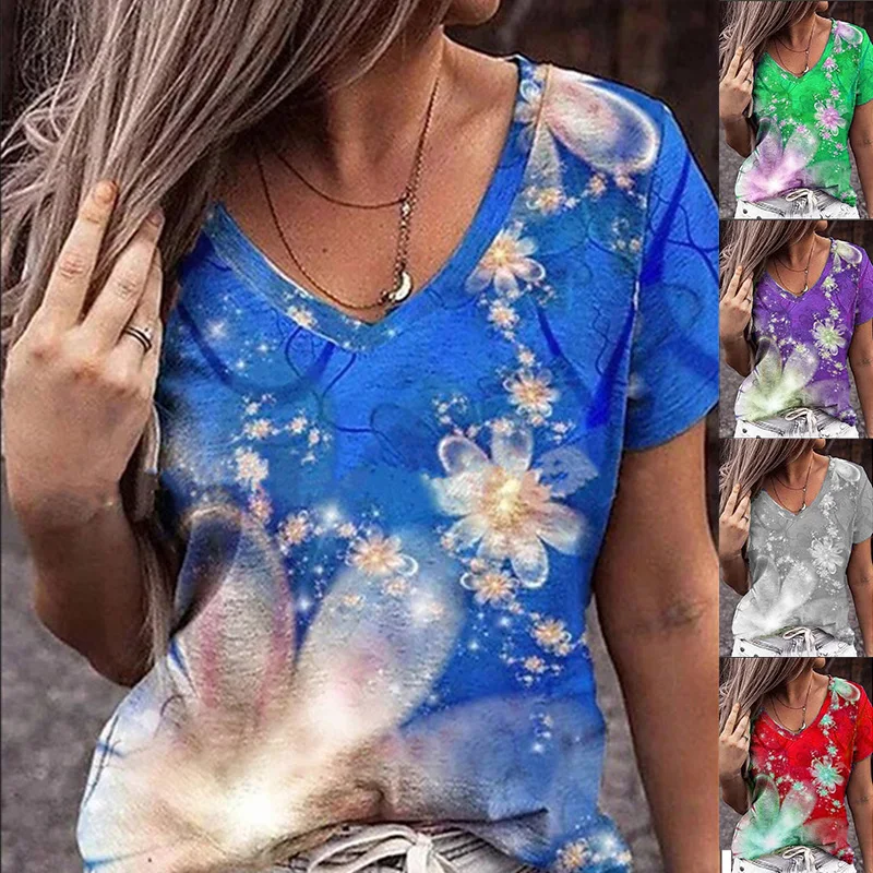 

Fashion Casual Short Sleeve T-shirt Women's Summer Floral Theme Painting T Shirt Floral Print V Neck Tops Tees Shirts Clothing