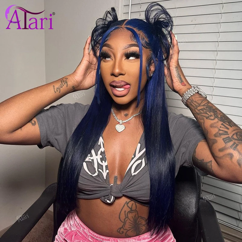Sapphire Dark Blue Straight Human Hair Wigs 13x4 Glueless Lace Frontal Transparent Hair Wig Pre Plucked Brazilian Closure  Wig