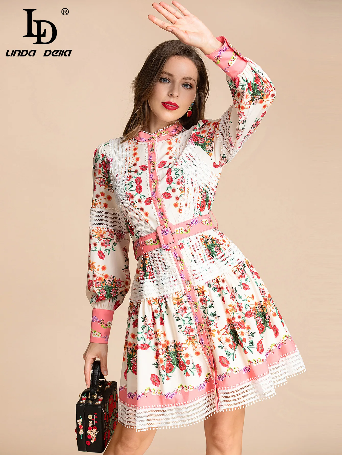 

LD LINDA DELLA Fashion Designer Summer Mini Dress Women Lantern sleeve Single-breasted Sashes Floral print Vintage Party Dress