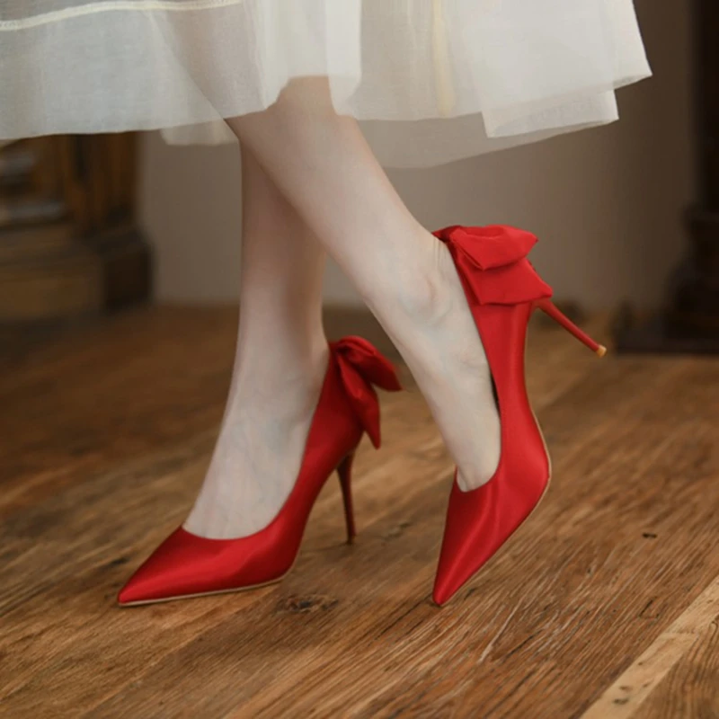 

2022 Spring/Summer Women Shoes Pointed Toe Thin Heels Women Red Shoes Bow Knot Stiletto High Heels Super High Heels Women Pumps
