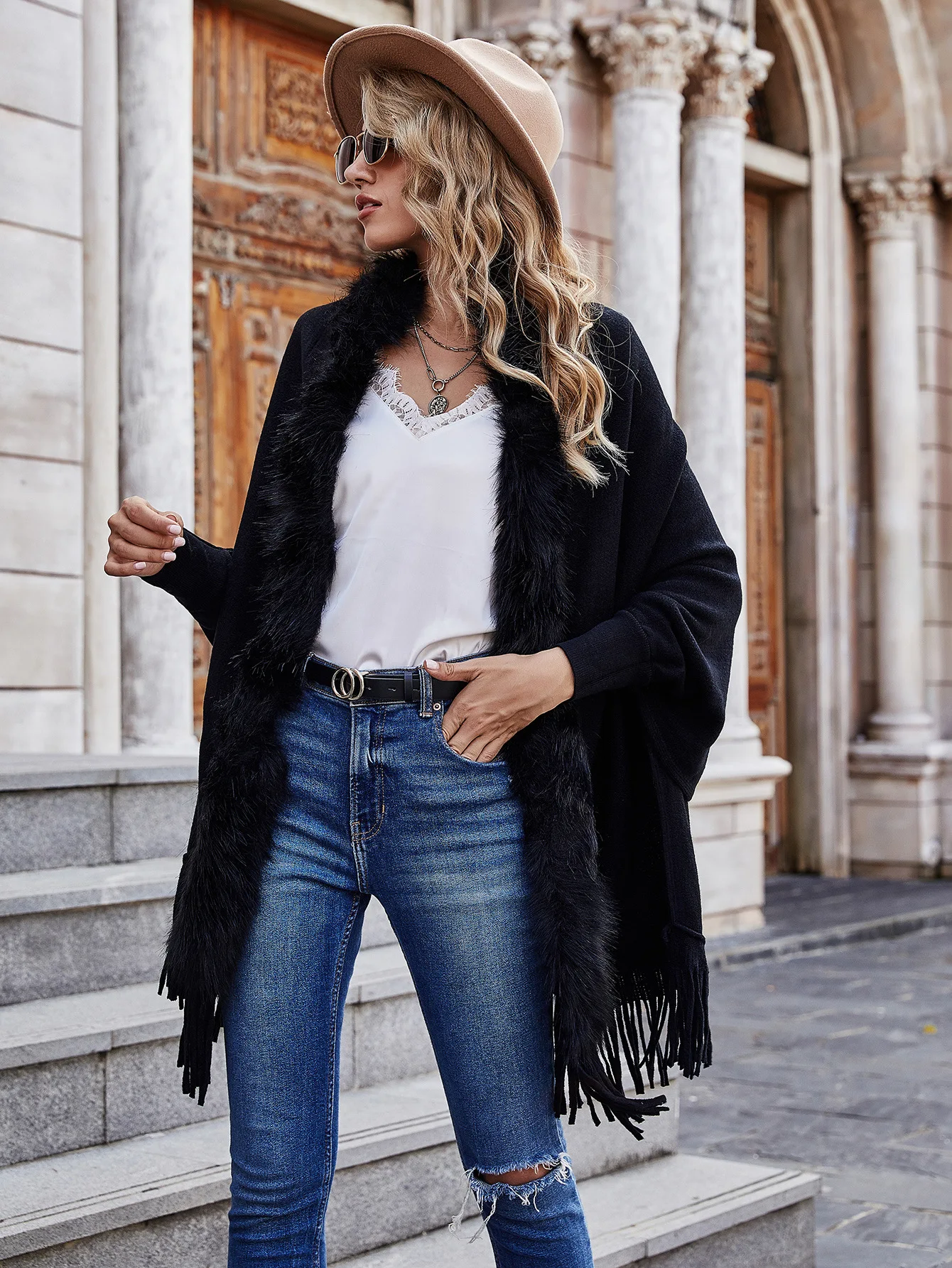 Autumn Winter Women Faux Fur 2022 New Fashion Batwing Sleeve Cardigan Solid Color Feather Collar Kinitting Coat With Tassel