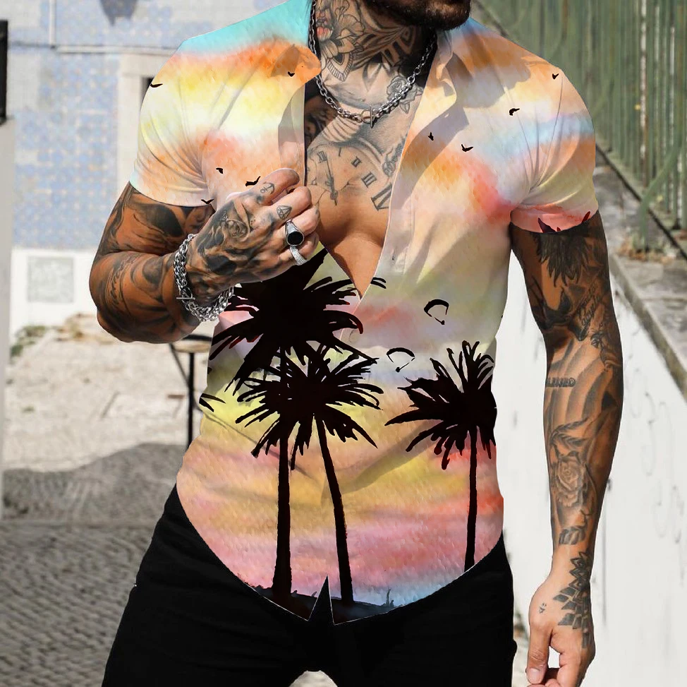 

2022 Fashion Men's Hawaiian Shirt Short Sleeve Streetwear 3d Print Striped Patchwork Male Clothes Beach Men's Shirts Lapel Tops