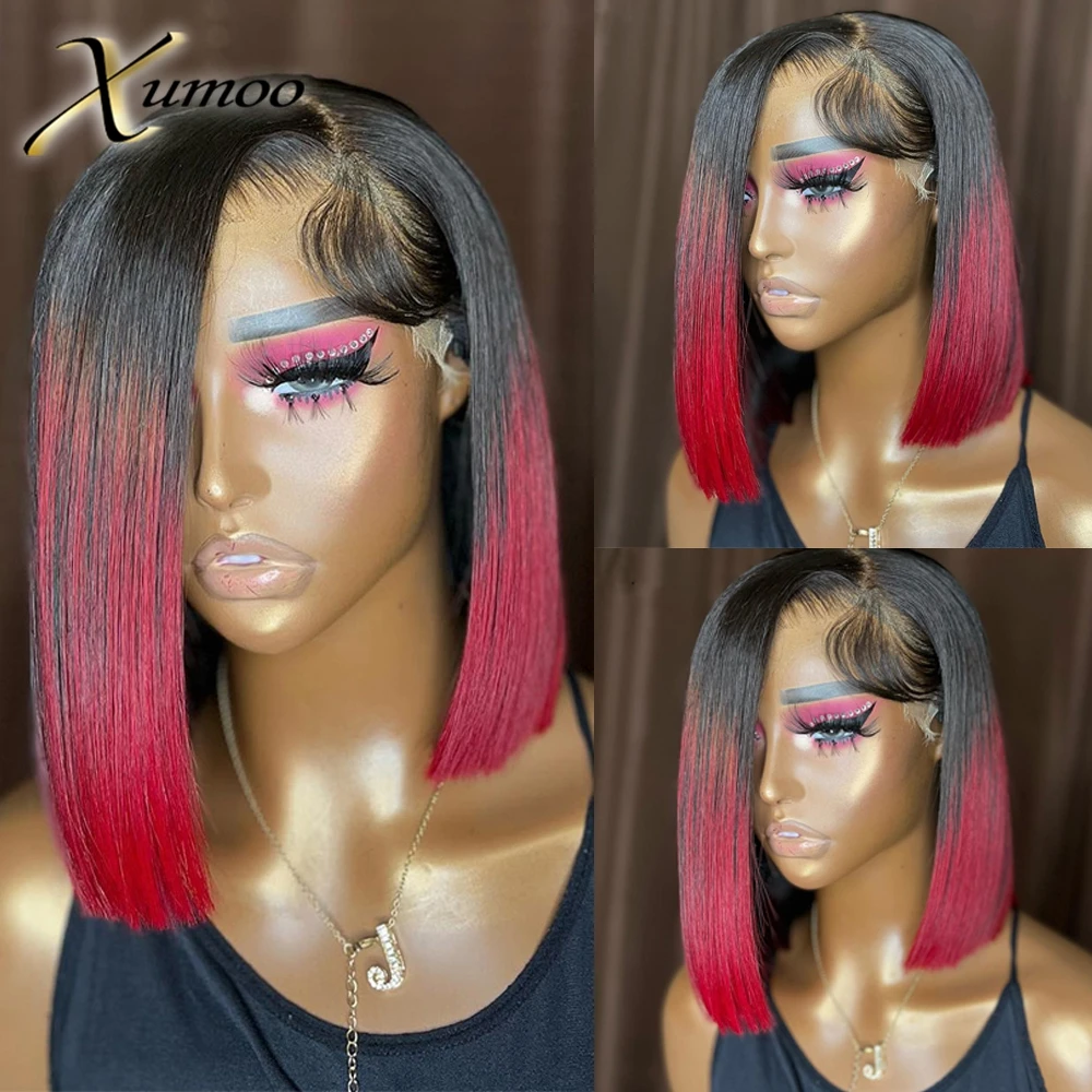 XUMOO Ombre Red Color 13x4 Lace Front Wigs Straight Short Bob For Women Brazilian Remy Human Hair Gluelss Wigs with Baby Hair