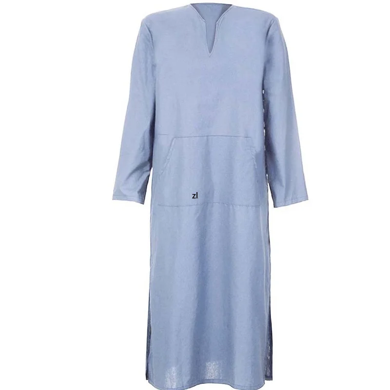 Men's Muslim Robe Cotton Linen Solid Color V-Neck Long Sleeves Loose Casual Robe Middle East Arabian Moroccan Style Kaftan 2022