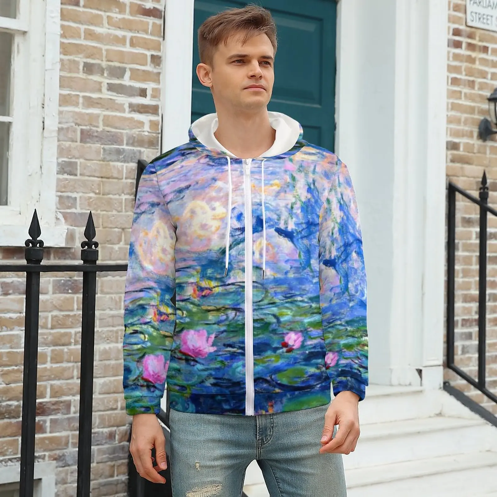 

Purple Floral Design Hoodie Claude Monet Famous Painting Winter Hoodies Outdoor Mens Zip Up Hoodie Mens Oversized