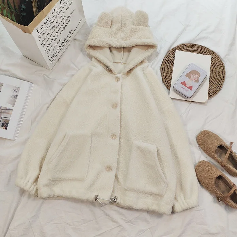 Jackets Women Kawaii Hooded Winter Korean Soft College Single Breasted College Girls Outwear Coats Simple Sweet Female Parkas