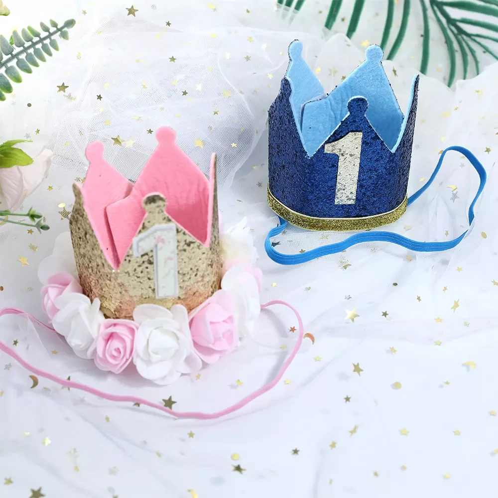 

1st Birthday Crown Hat Boys Girls Baby Shower Decors Newborn Baby Birthday Party Decorations Pink Blue Princess Baby Headband