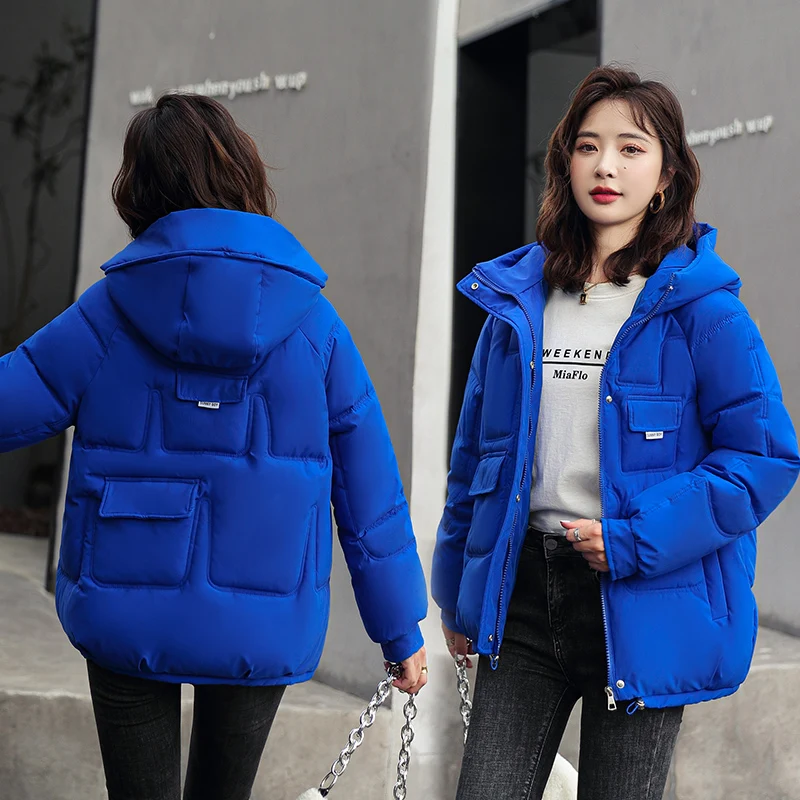 Women Fashion Short Loose Thick Hooded Jacket Cotton-Padded 2023 Winter Long Sleeve Parkas Female Warm Oversized Solid Coat