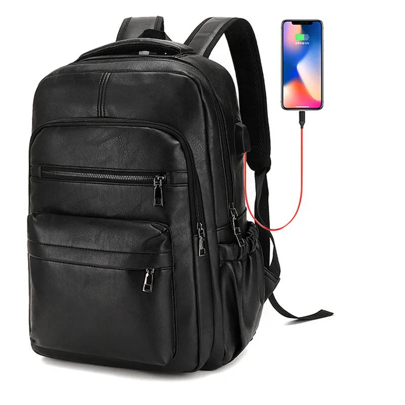 

High Quality USB Charging Backpack Men PU Leather Bagpack Large Laptop Backpacks Male Mochilas Schoolbag For Teenagers Boys