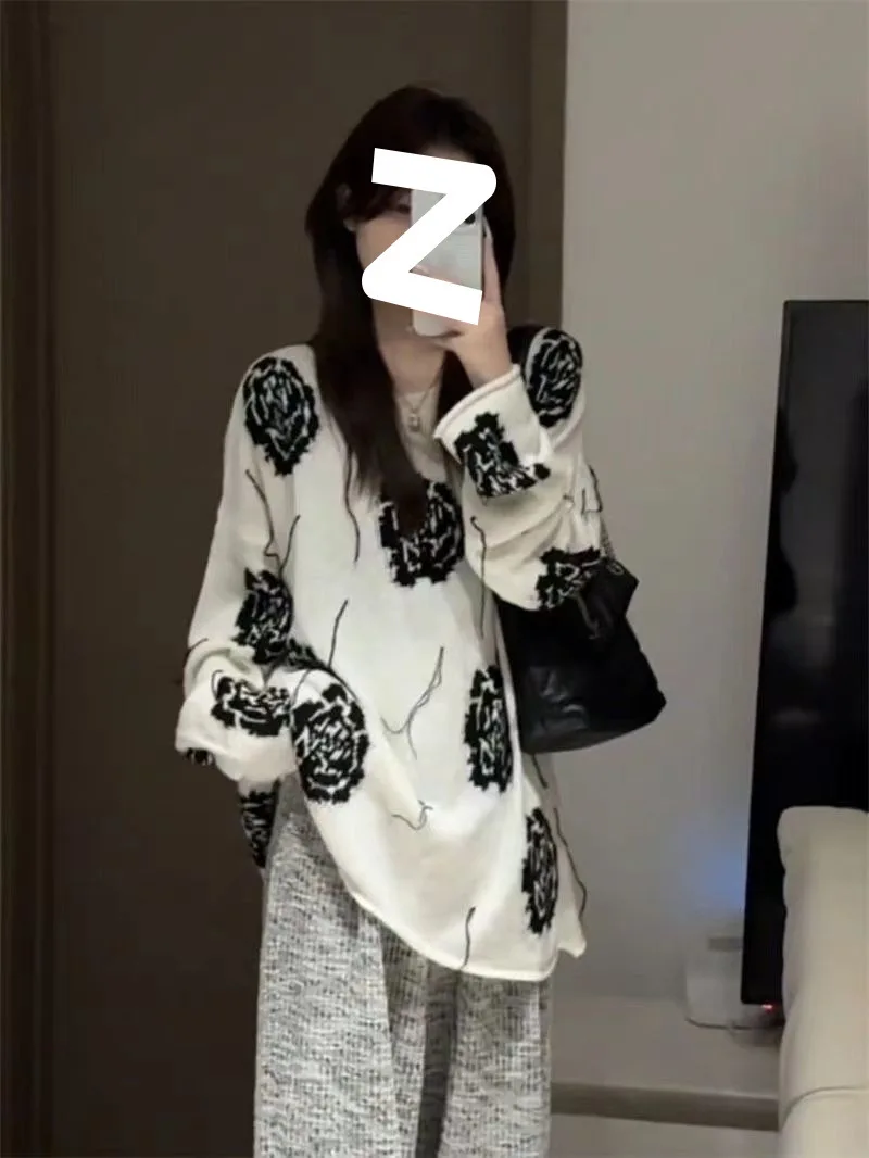 2024 новый винтажный корейский свитер с вышивкой розы для женщин осенний вязаный